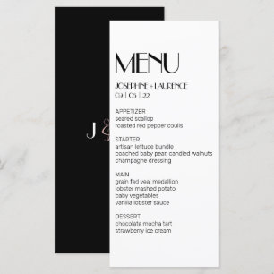 Menu de Casamento do Monograma Preto Branco Elegan