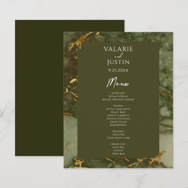Menu de Casamento do Orçamento Marble Verde e Dour (Frente/Verso)