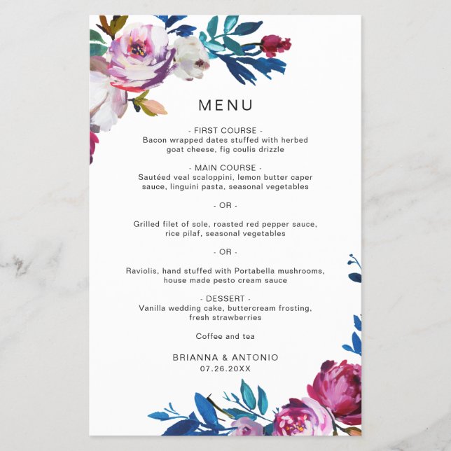 Menu de Casamento do Orçamento Moderno Floral Bril (Frente)