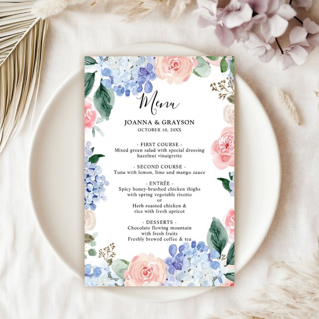 Menu de Casamento do Pastel Cor-de-Rosa Rosa Dusty (Dusty blue hydrangeas pastel pink roses wedding menu)
