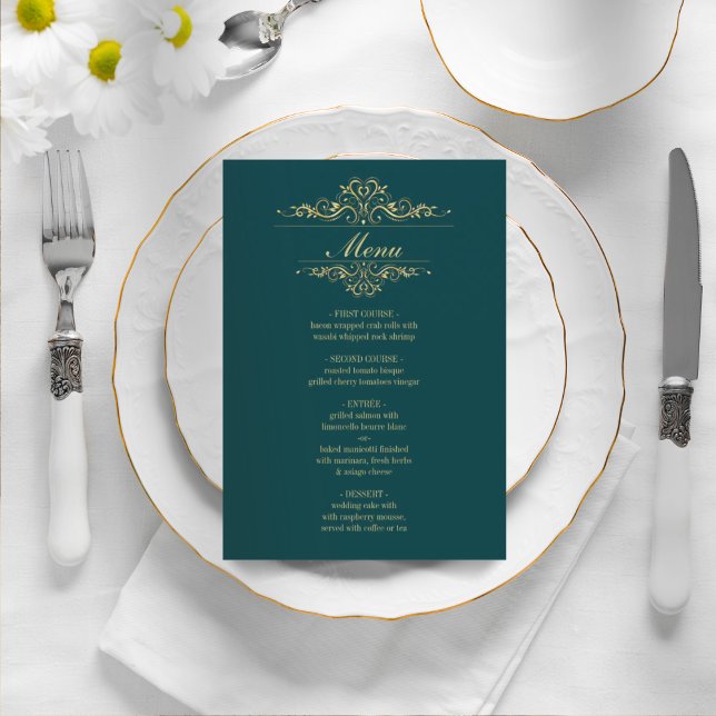 Menu de casamento do quadro de ouro elegante verde (Criador carregado)