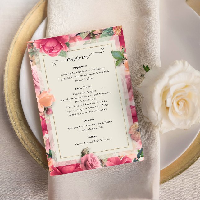 Menu de Casamento do Rosa Floral Brilhante do Jard (Romantic Garden Bright Floral Rose Wedding Menu)