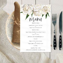 Menu de Casamento do Script Dourado Florais Branco