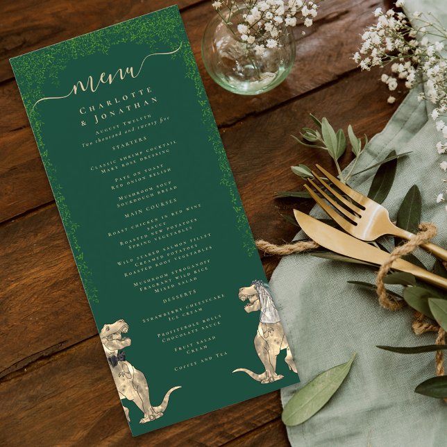 Menu de Casamento do Tema do Dinossauro (dinosaur bride and groom dark green wedding menu watercolor T-Rex dino Jurassic eucalyptus foliage)