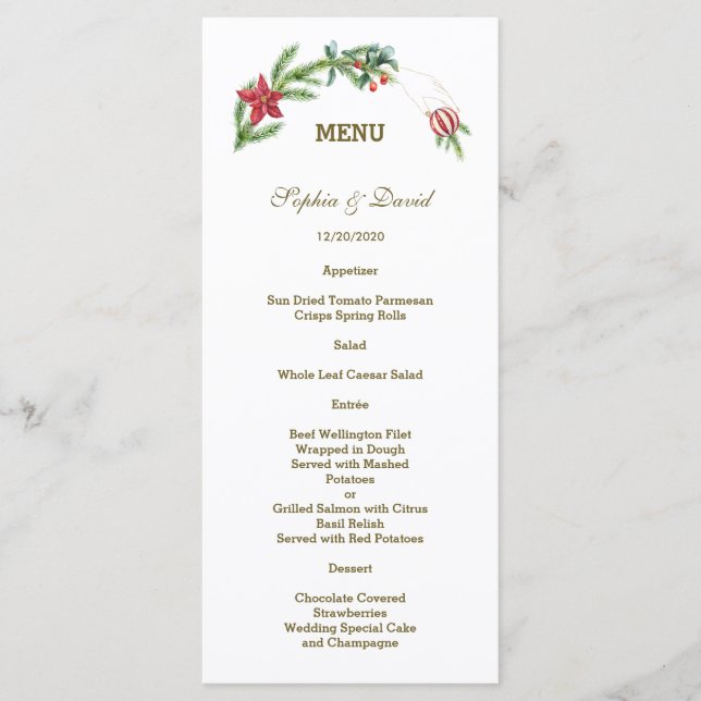 Menu de Casamento do Winter Poinsettia Pine Berry  (Frente)