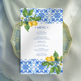 menu de casamento dos azulejos azuis mediterrânico