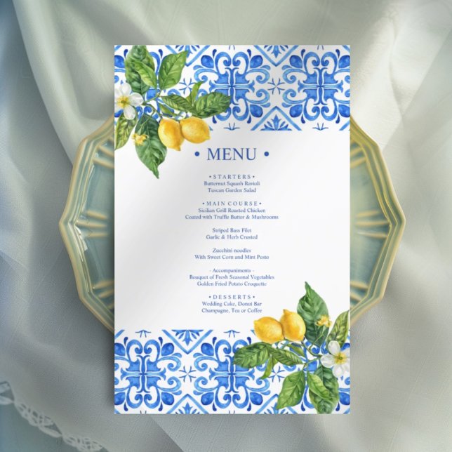 menu de casamento dos azulejos azuis mediterrânico (Criador carregado)
