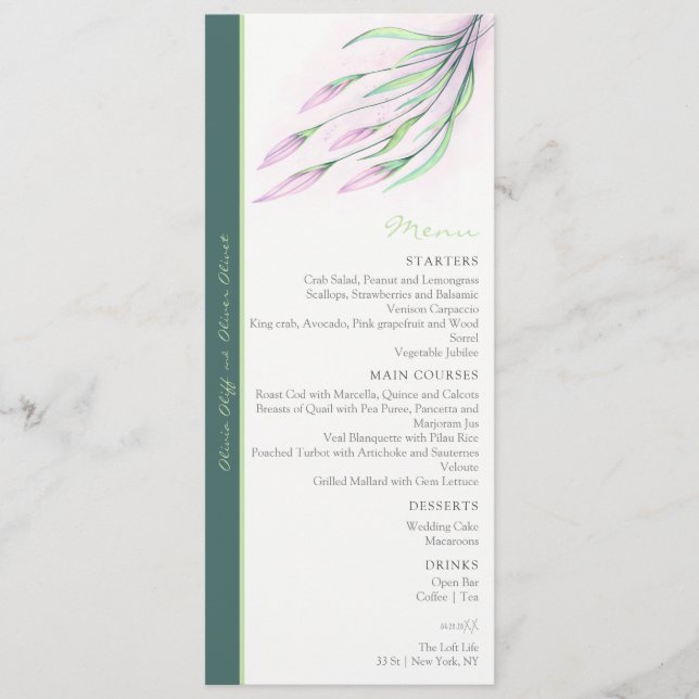 Menu de Casamento dos Lírios Púrpuros Suaves (Frente)