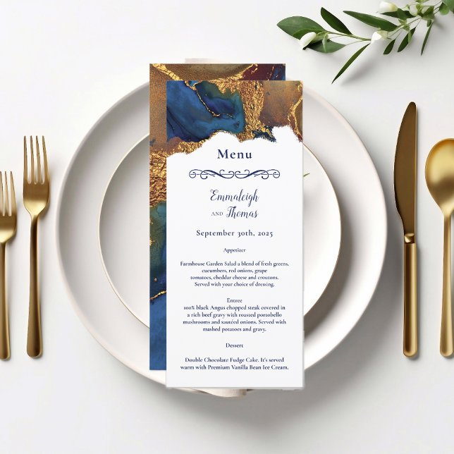 Menu de Casamento Dourado Abstrato Azul de Encanta (Criador carregado)