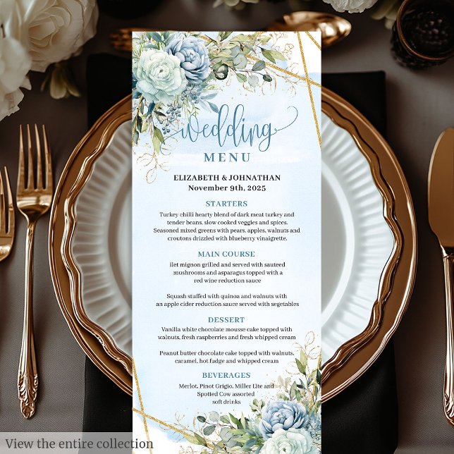 Menu de Casamento Dourado Branco das Flores Azuis  (Modern Dusty Blue Flowers White Gold Wedding Menu

)