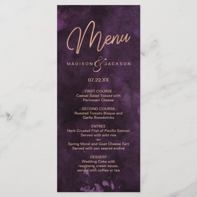 Menu de Casamento Dourado com Cor de Água Púrpura  (Frente)