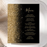 Menu de Casamento Dourado com Largura Preta do Orç<br><div class="desc">A borda esquerda deste elegante menu de casamento moderno apresenta uma borda falsa dourada. O texto personalizável combina o script de escrita manual branco dourado e as fontes de impressão em fundo preto. O verso apresenta um design de brilho preto e dourado correspondente.</div>