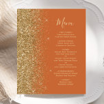 Menu de Casamento Dourado com Leve Laranja Queimad<br><div class="desc">A borda esquerda deste elegante menu de casamento moderno apresenta uma borda falsa dourada. O texto personalizável combina um script de escrita manual branco de cor dourada e fontes de impressão em um fundo laranja queimado. O verso apresenta uma design de cor laranja queimada e dourada.</div>