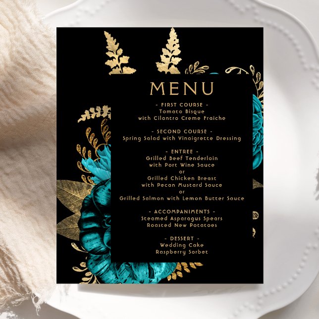 Menu de Casamento Dourado da Turquesa Floral Moody (Criador carregado)