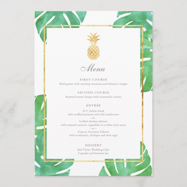 Menu de Casamento Dourado de Abacaxi Tropical (Frente)