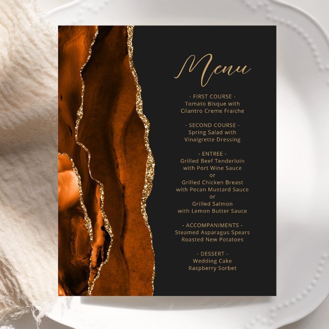 Menu de Casamento Dourado de Agate Dark Laranja Qu (Criador carregado)