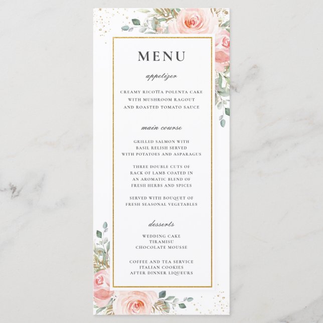 Menu de Casamento Dourado de Folhas  Flóridas Mole (Frente)