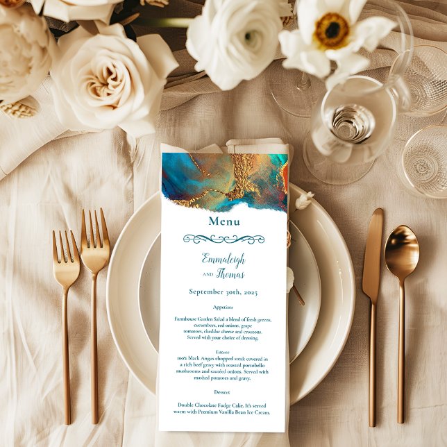 Menu de Casamento Dourado de Teal Coral Abstrato m (Criador carregado)