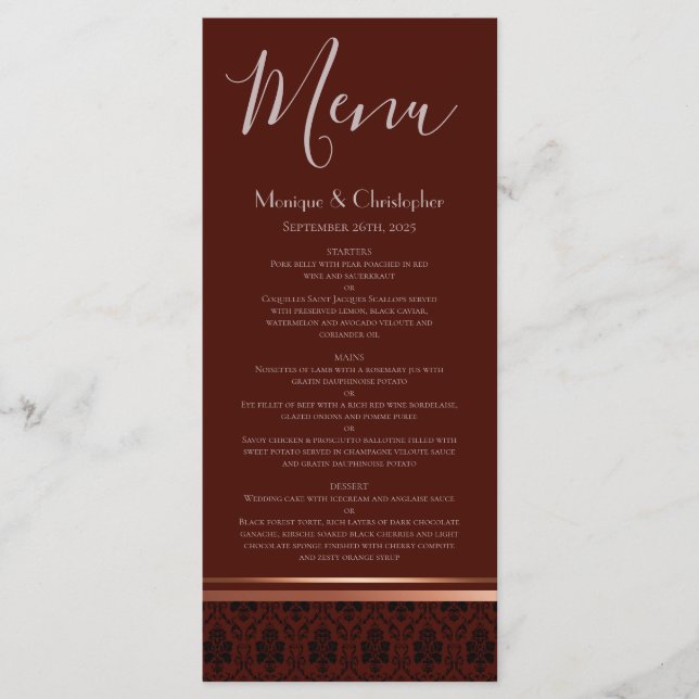 Menu de Casamento Dourado do Burgundy Damask (Frente)