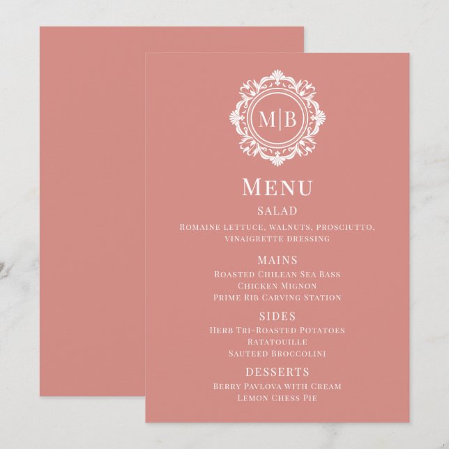 Menu de Casamento Dourado do Monograma Floral do o (Frente/Verso)