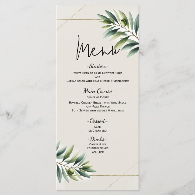Menu de Casamento Dourado e Branco de Folha de Oli (Frente)