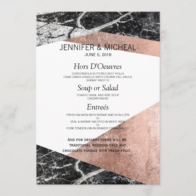 Menu de Casamento Dourado e Marble do Rosa moderno (Frente)