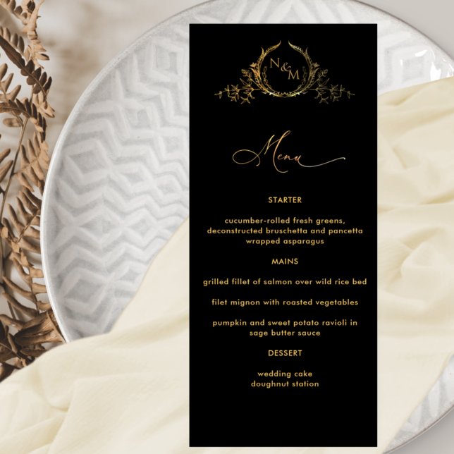 Menu de Casamento Dourado e Preto Elegante Monogra (Criador carregado)