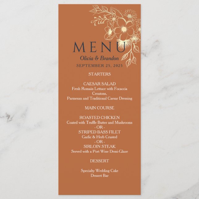 Menu de Casamento Dourado Gilded Floral (Frente)