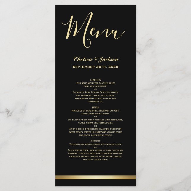 Menu de Casamento Dourado Preto Moderno (Frente)