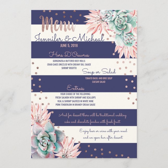 Menu de Casamento Dourado Rosa do Stripes do Marin (Frente)