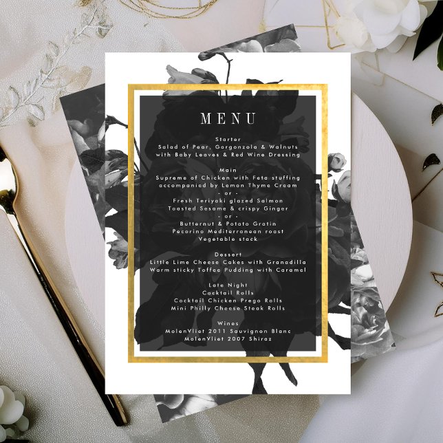 Menu de Casamento Dourado Rose Bouquet Preto (Criador carregado)