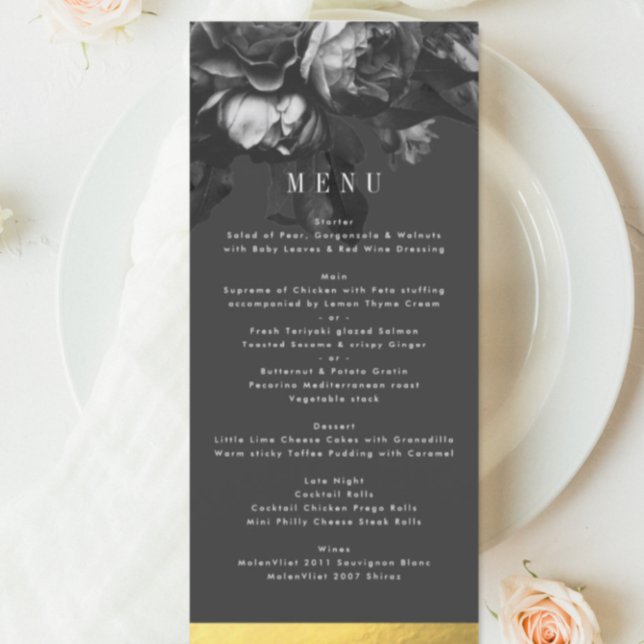 Menu de Casamento Dourado Rose Bouquet Preto (Criador carregado)