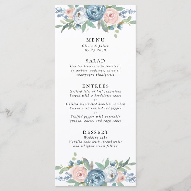 Menu de casamento Dusty Blue & Blush Rosa (Frente)