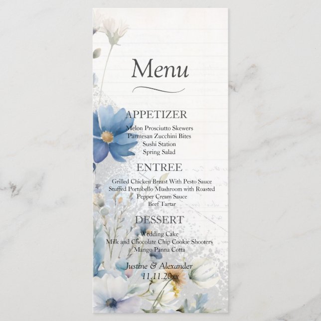 Menu de Casamento Dusty Blue Wildflower (Frente)