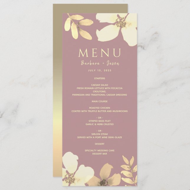 Menu de Casamento Dusty Rosa Calliografia (Frente/Verso)