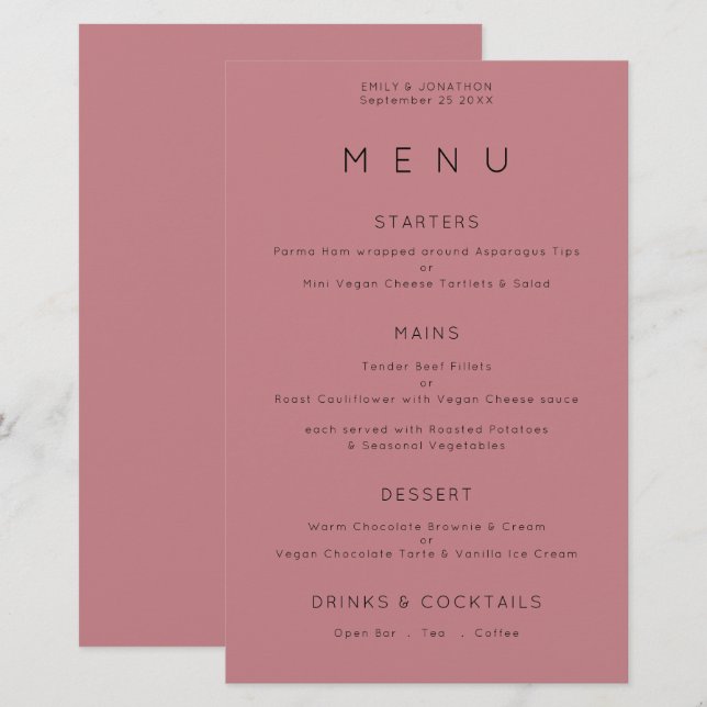 Menu de Casamento Dusty Rosa com Tipografia Simple (Frente/Verso)