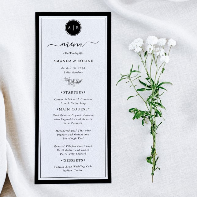 Menu de Casamento Elegante Branco e Preto Simples (Criador carregado)