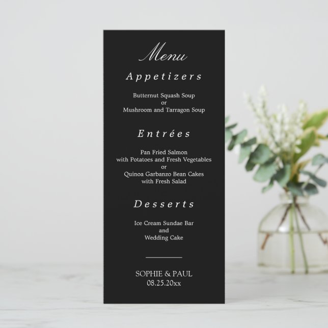 Menu de Casamento Elegante Branco Negro (Em pé/Frente)