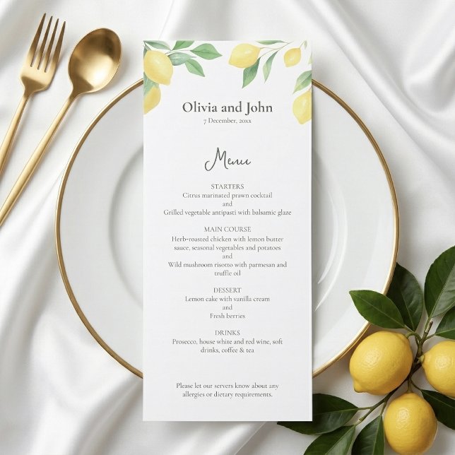 Menu de Casamento Elegante com Folhagem de Limão e (Watercolor Lemon Foliage Elegant Wedding Menu )