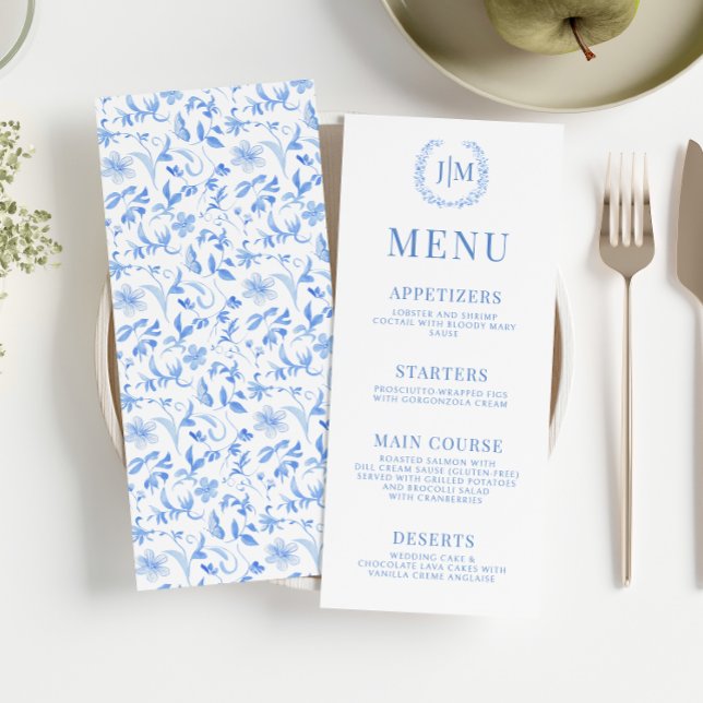 Menu de casamento elegante com porcelana floral az (Criador carregado)
