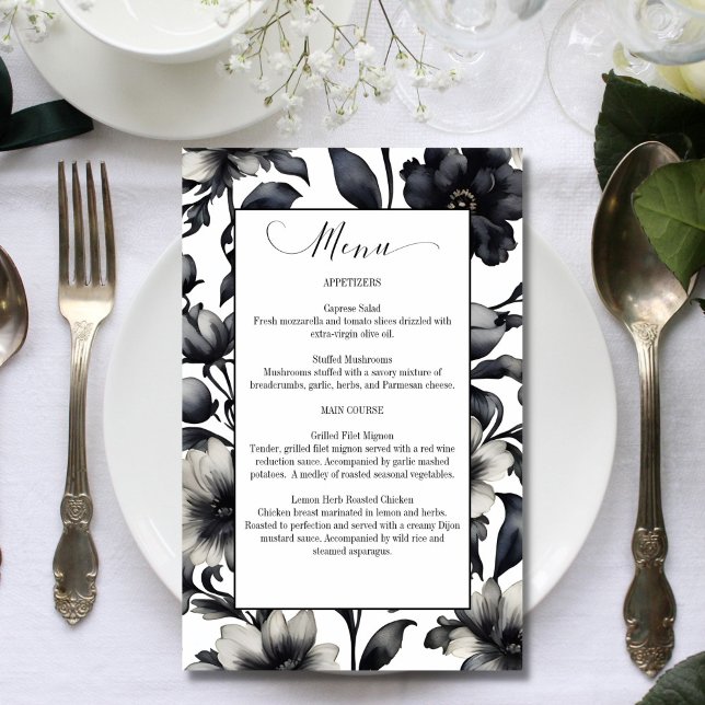 Menu de casamento elegante das flores brancas e pr (Black and white flowers elegant wedding menu car template)
