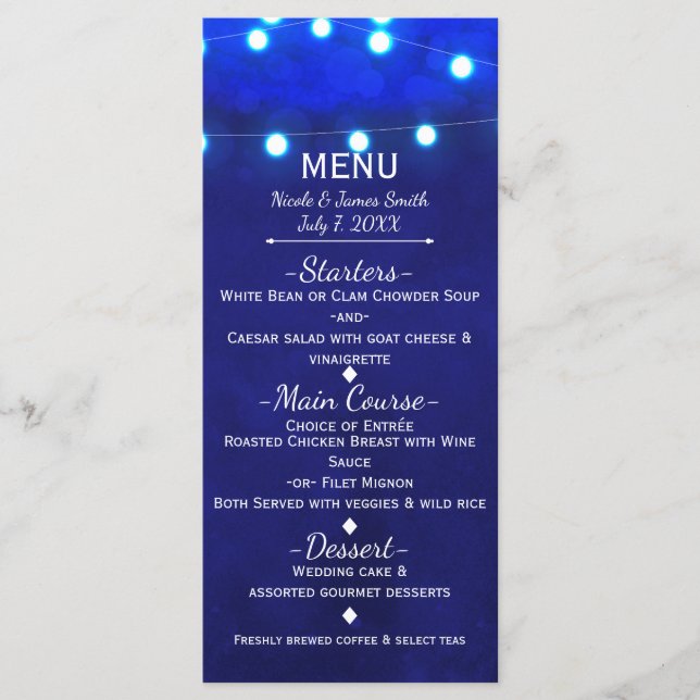 Menu de Casamento Elegante das Luzes Azuis da Cord (Frente)