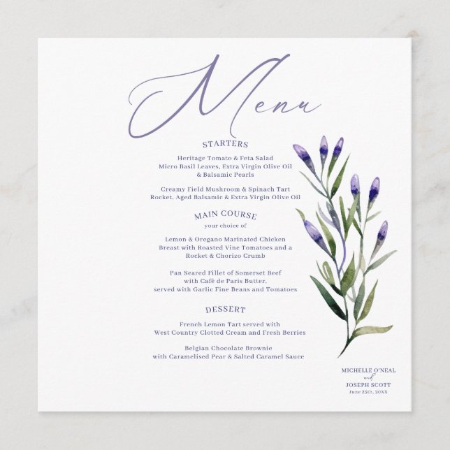 Menu de Casamento Elegante de Aquarela de Blisas d (Frente)