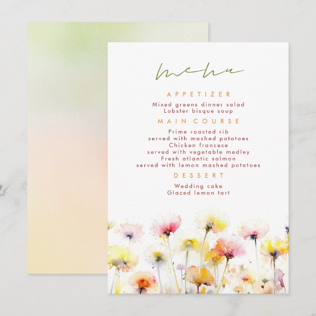 Menu de Casamento Elegante de Flores Selvagens Col (Frente/Verso)