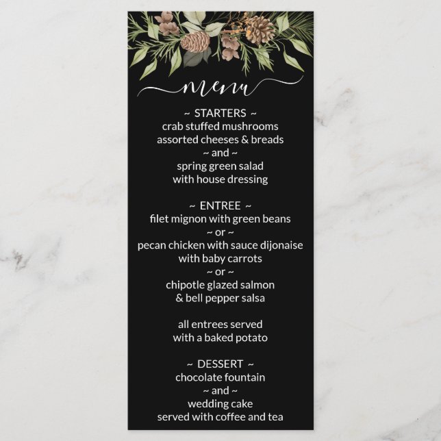 Menu de Casamento Elegante de Manuscrito Preto e B (Frente)