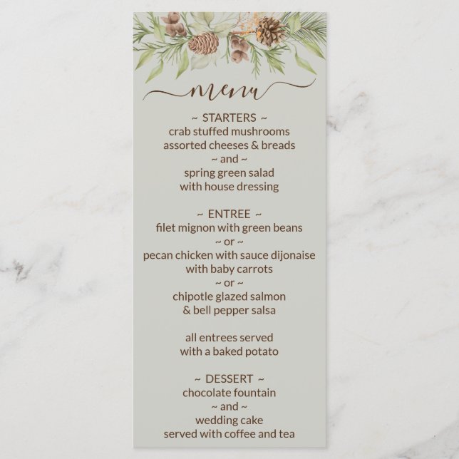 Menu de Casamento Elegante de Script de Inverno Be (Frente)