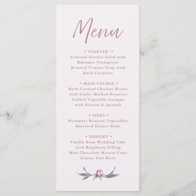 Menu de Casamento Elegante de Script Rosa Dusty (Frente)