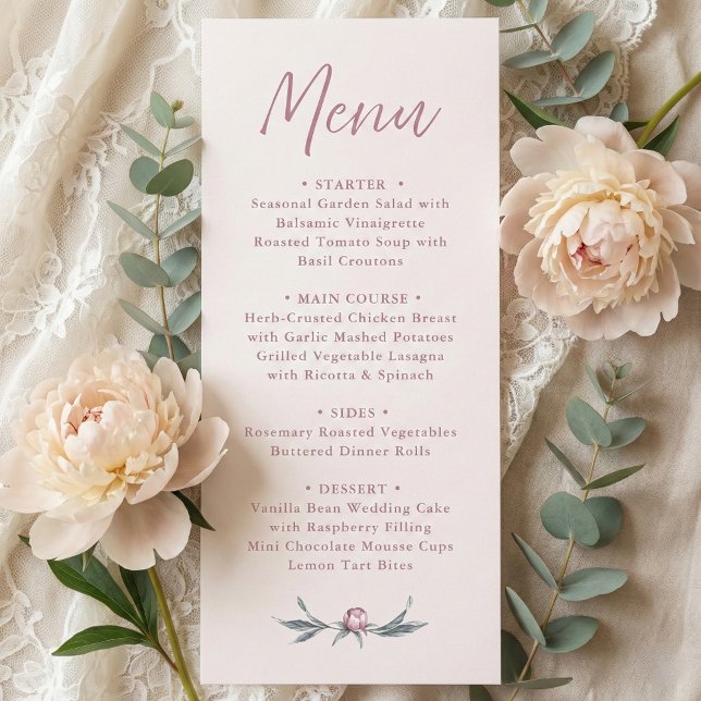Menu de Casamento Elegante de Script Rosa Dusty (minimalist dusty pink peony wedding menu card in modern script calligraphy)