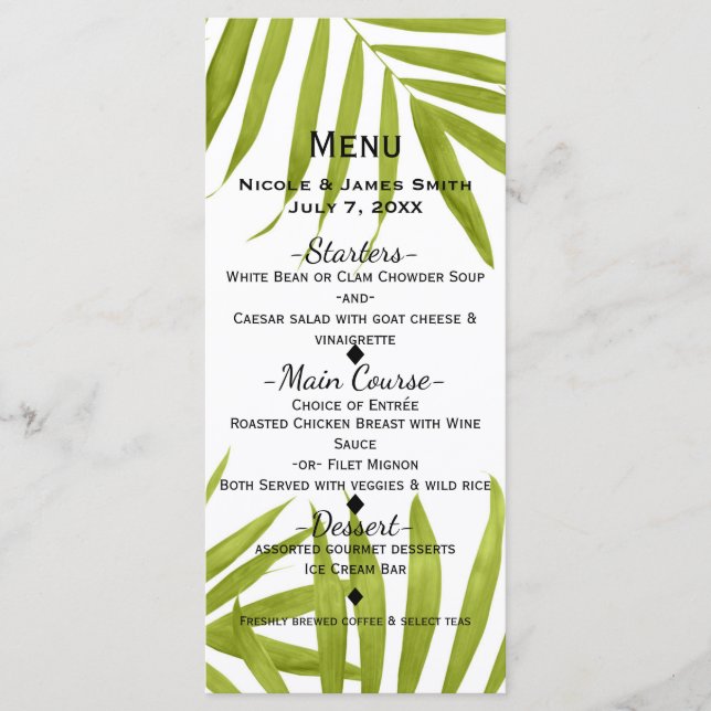 Menu de Casamento Elegante de Verão de Folhas Trop (Frente)