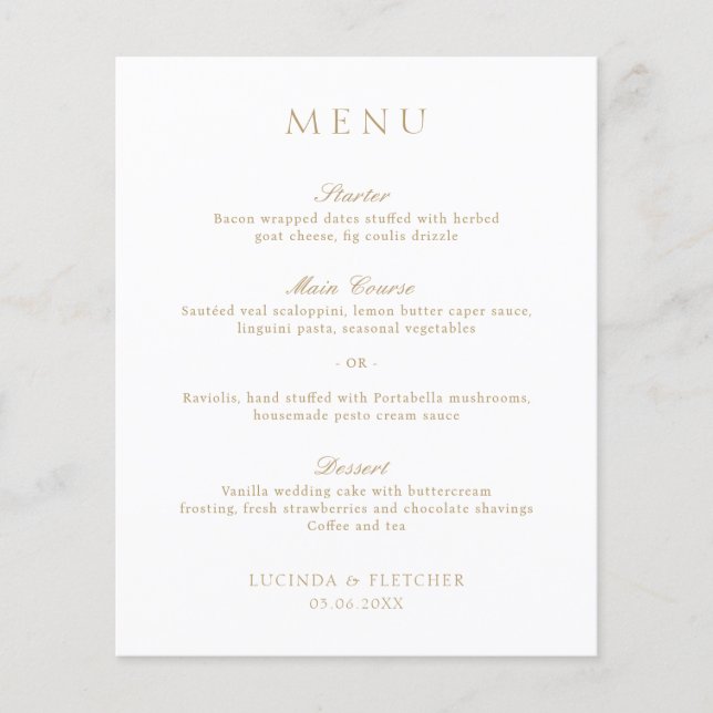 Menu de Casamento Elegante Dinheiro Antigo Dourado (Frente)